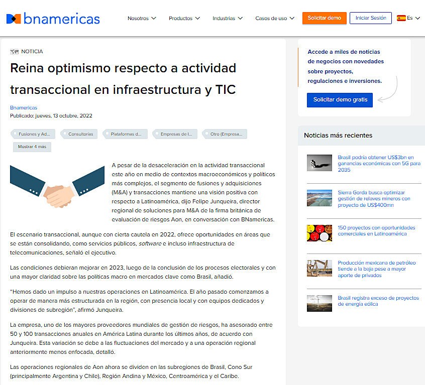 Reina optimismo respecto a actividad transaccional en infraestructura y TIC